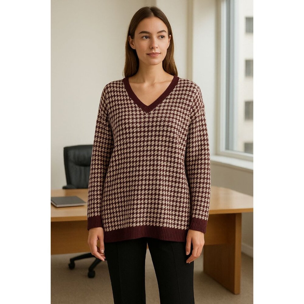 Ann Taylor V-Neck Tunic Sweater XL Burgundy Cream Houndstooth Lagenlook
